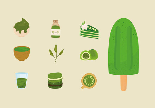 Green Tea Matcha Desserts Illustration Set