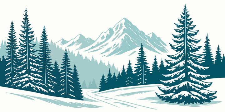 Snowy mountain landscape with pine trees Vector