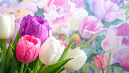 Obraz premium Close-up of Pink White and Purple Tulips with a Soft Floral Patterned Background
