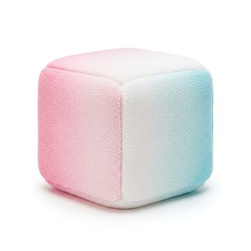 A pink white and blue fuzzy cube shaped ottoman