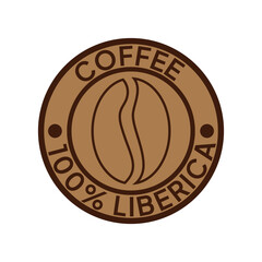 Coffee logo. Coffee, 100% Liberica emblem. Brown coffee beans with letters in a circle round badge.