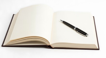 Open notebook with black pen on white.