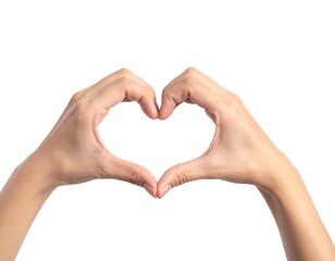 Two hands form a heart shape against a bright, clear background. Skin is light to medium in tone