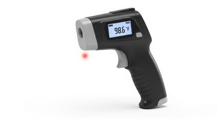 Digital Infrared Thermometer Gun with "98.6 &deg;F" Temperature Display and Red Laser isolated on White Background