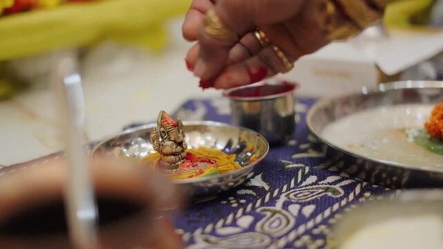 Traditional Indian Ghar Vastu Ritual with Kalash, Coconut and Sacred Puja Setup
