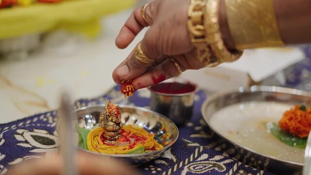 Traditional Indian Ghar Vastu Ritual with Kalash, Coconut and Sacred Puja Setup