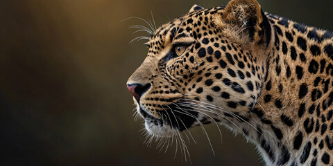Obraz premium A portrait of a leopard looking forward with a calm but intense gaze against a blurred natural background
