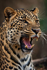 Fototapeta premium A close-up portrait of a leopard snarling with an open mouth, showing sharp teeth and fangs against a dark background