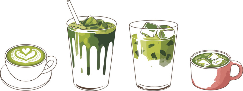 Minimal hand-drawn pastel matcha drink vector set featuring iced beverages, latte cups, smoothies, and cozy tea-time illustrations