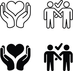 Fototapeta premium Collection of icons symbolizing care partnership and approval in simple line art and solid black designs on a clean white background effectively conveying unity.