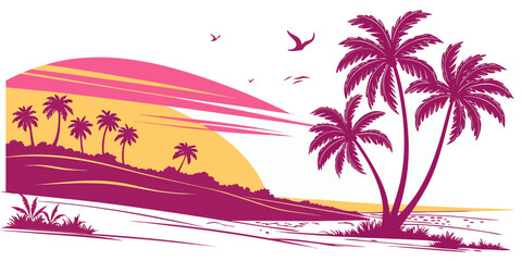 A pink and yellow tropical island scene with palm trees at sunset Vector © nalu