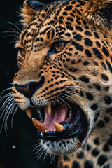 Obraz premium A dramatic close-up of a leopard snarling with its mouth wide open, revealing sharp teeth against a solid black background