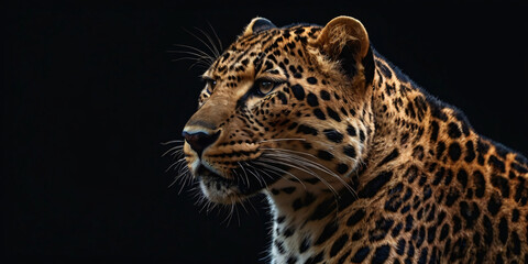 Obraz premium A high-contrast, close-up portrait of a leopard with a focused gaze isolated against a solid black background