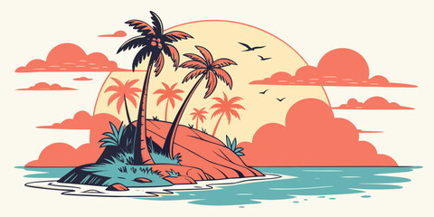 A tropical island with palm trees and a sunset Vector © nalu