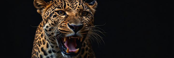 Obraz premium A dramatic close-up of a leopard snarling with its mouth wide open, revealing sharp teeth against a solid black background. Banner