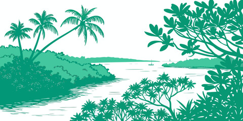 A green tropical landscape with palm trees and a body of water Vector © nalu