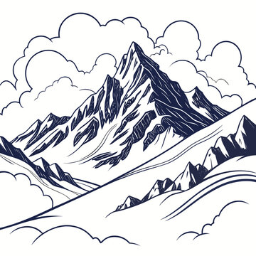 A stunning line art illustration of a majestic mountain range with clouds
