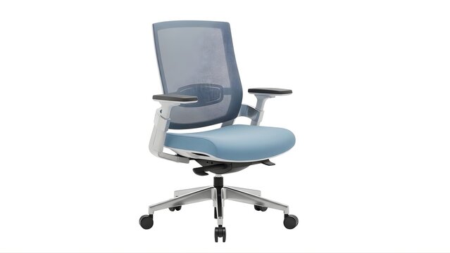 A modern office chair with a blue mesh back on transparent background