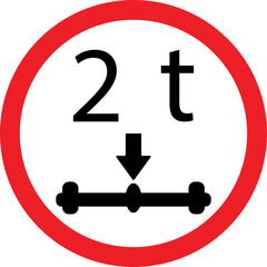 Obraz premium 2t axle weight limit road sign, maximum load per axle restriction, two tonne traffic vector icon 