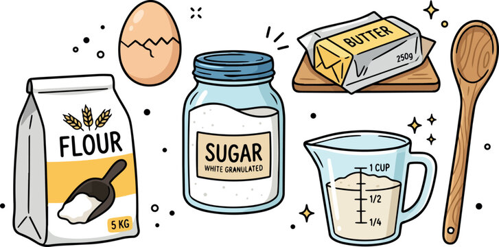 Whimsical kids doodle close up baking ingredients set with flour bag sugar jar egg butter measuring cup and bright wooden spoon