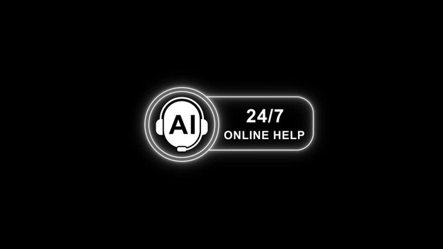 A i powered 24/7 online customer support chatbot interface with glowing neon headset and assistance text on black background