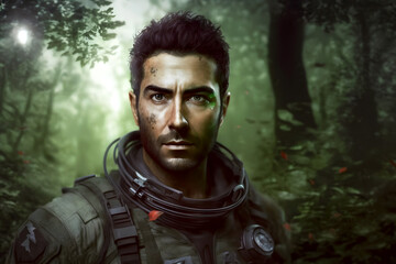 Obraz premium Futuristic soldier on a mission in the jungle. Neural network AI generated art
