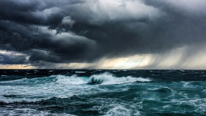 Obraz premium Rough ocean waves under heavy storm clouds at sea.