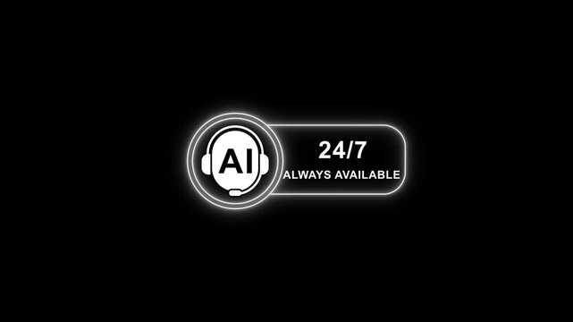 A i customer support chatbot interface with 24/7 availability glowing neon on black background artificial intelligence