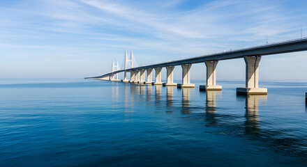 Gemini said

A modern steel bridge structure spans the blue sea and river water reflecting a city landscape and sky for travel and road transportation