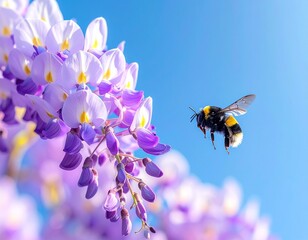 delicate wisteria flowers hanging from above,_soft spring sunlight