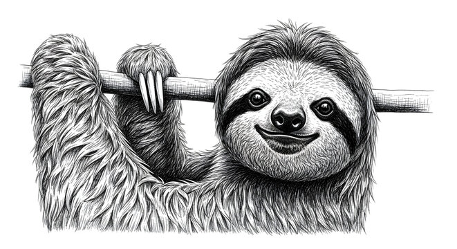 Smiling sloth hanging on a branch isolated on transparent background