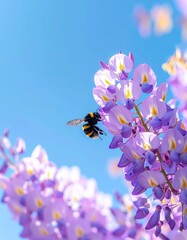 delicate wisteria flowers hanging from above,_soft spring sunlight