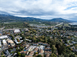 Fototapeta premium Aerial view of Carpinteria, small seaside city in southeastern Santa Barbara County, California. Located on the Central Coast of California. USA