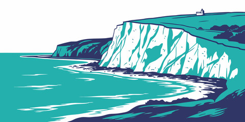 A blue and white image of a cliff by the ocean Vector © Sa