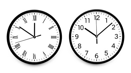 Two analog wall clocks showing different times, isolated on transparent background