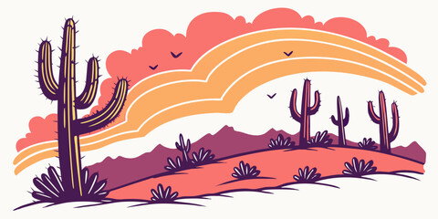 A colorful desert landscape with cacti and rainbow Vector © Sa