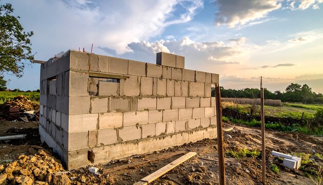 Unfinished cinderblock structure stands outdoors, framed by rural fields and a dramatic sky at dusk