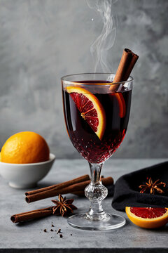 A glass of hot mulled wine garnished with orange slices and cinnamon sticks, surrounded by star anise and fresh citrus on a dark stone surface