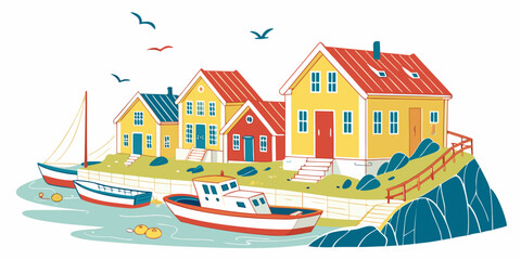 A small village on the coast with boats and houses Vector © Sa