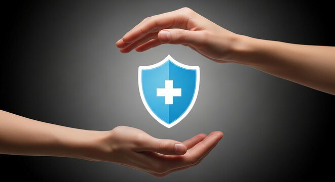 Embracing Wellness: Hands cupping a health shield, symbolizing care and protection, against a soft-focus background, representing concepts like healthcare, safety, and security.