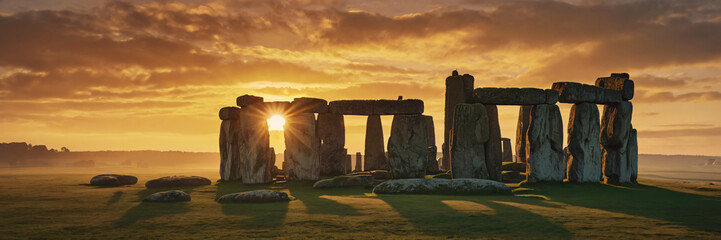 A panoramic view of Stonehenge at sunset with the sun shining through the ancient stone monoliths under a dramatic orange sky