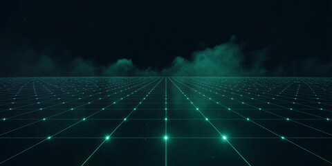 Futuristic digital grid stretches into the horizon under dark night sky with glowing green lights and abstract clouds