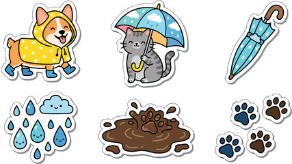 Fototapeta premium Cute sticker vector set featuring corgi in yellow raincoat looking happy and gray cat holding umbrella near muddy paw prints