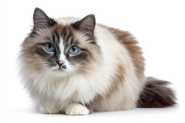 Fototapeta premium A fluffy ragdoll cat with striking blue eyes, posing in studio environment.