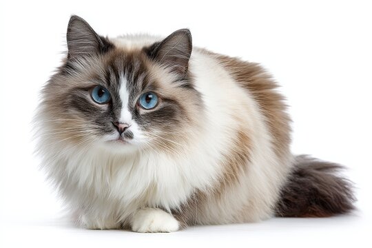 A fluffy ragdoll cat with striking blue eyes, posing in studio environment.