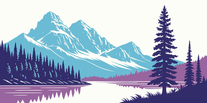 A serene mountain landscape with a lake and trees Vector
