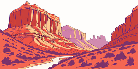A pixel art image of a desert canyon with a river running through it Vector © Sa