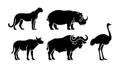 Obraz premium African Safari Wildlife Silhouettes Collection: Rhino, Ostrich, Buffalo, Wildebeest, Big Cat