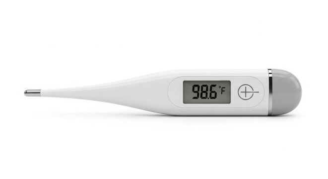 White Digital Clinical Thermometer displaying "98.6" for Fever Measurement Product Shot isolated on White Background