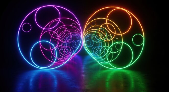 Abstract neon circles illustration on black background with bright colors